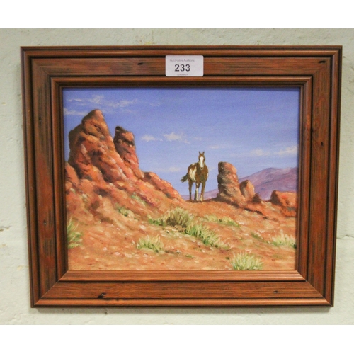 233 - Oil on board contemporary painting depicting a painted pony in an American landscape, framed, image ... 