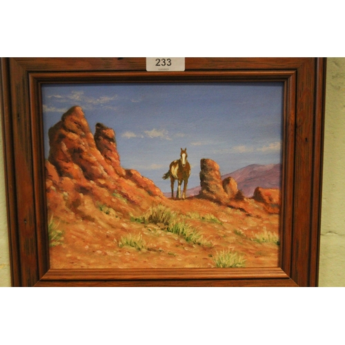 233 - Oil on board contemporary painting depicting a painted pony in an American landscape, framed, image ... 