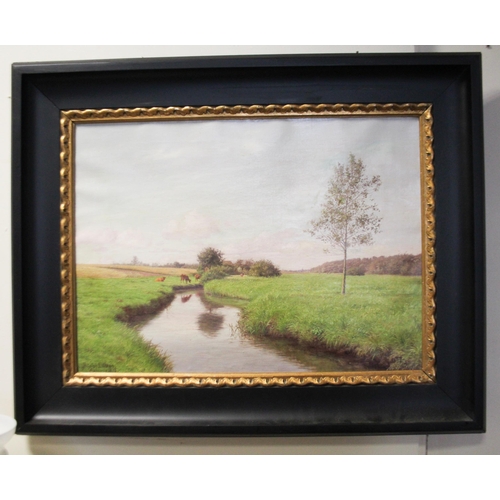 234 - Adolph Larsen oil on canvas depicting a Dutch river landscape with cattle, signed and dated lower le... 