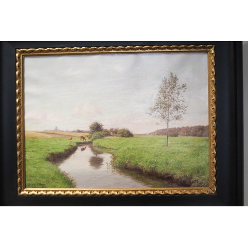 234 - Adolph Larsen oil on canvas depicting a Dutch river landscape with cattle, signed and dated lower le... 