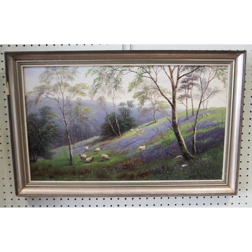 238 - William Mellor 1851-1931 oil on canvas painting depicting sheep in a bluebell wood, signed lower rig... 