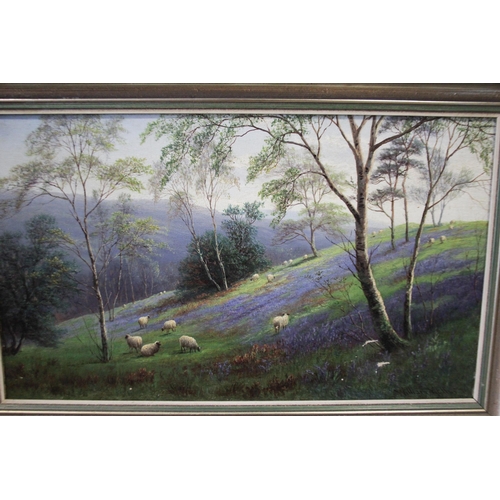 238 - William Mellor 1851-1931 oil on canvas painting depicting sheep in a bluebell wood, signed lower rig... 