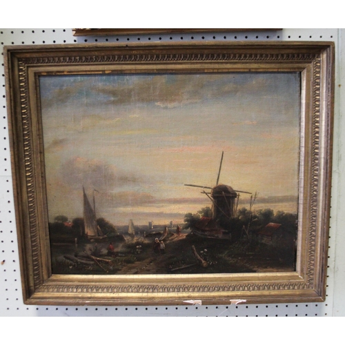 240 - Dutch School oil on canvas painting depicting a windmill with  river to the foreground, indistinctly... 