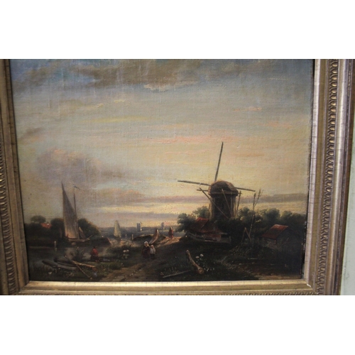 240 - Dutch School oil on canvas painting depicting a windmill with  river to the foreground, indistinctly... 