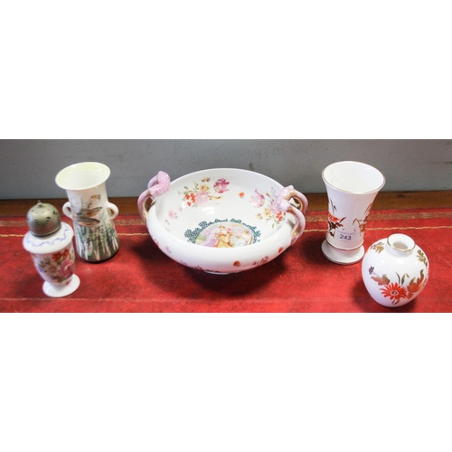 243 - Dresden china fruit bowl, Doulton fish decorated vase, Spode vase and jar and a sugar caster