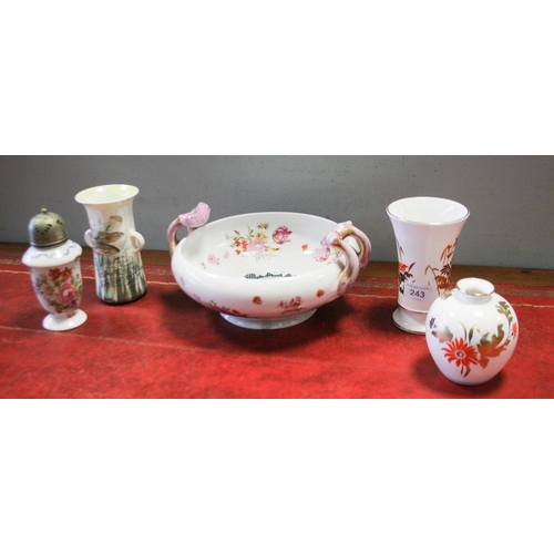 243 - Dresden china fruit bowl, Doulton fish decorated vase, Spode vase and jar and a sugar caster