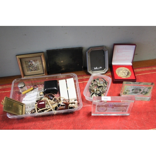 246 - Two bank notes, medallion, costume jewellery, watches and other collectables