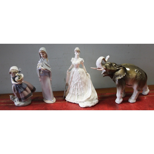 250 - A Royal Dux elephant figure, two Lladro girl figures and a Coalport lady figurine