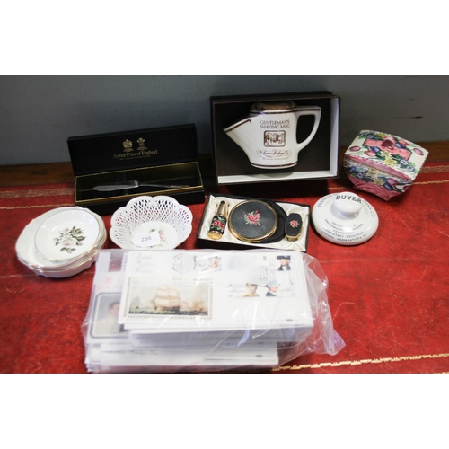 256 - A collection of first day covers, shaving mug, small dishes, compact etc