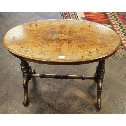 473 - A Victorian inlaid walnut oval centre table on pillar and stretcher style base, 3' wide