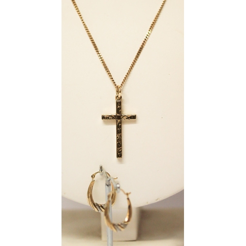 693 - 9ct gold cross pendant on a fine 9ct gold chain together with a pair of 9ct creole earrings, gross w... 