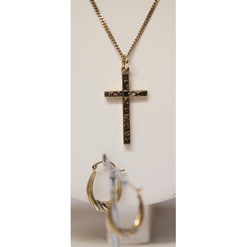 693 - 9ct gold cross pendant on a fine 9ct gold chain together with a pair of 9ct creole earrings, gross w... 