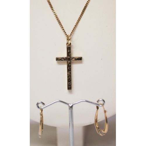 693 - 9ct gold cross pendant on a fine 9ct gold chain together with a pair of 9ct creole earrings, gross w... 