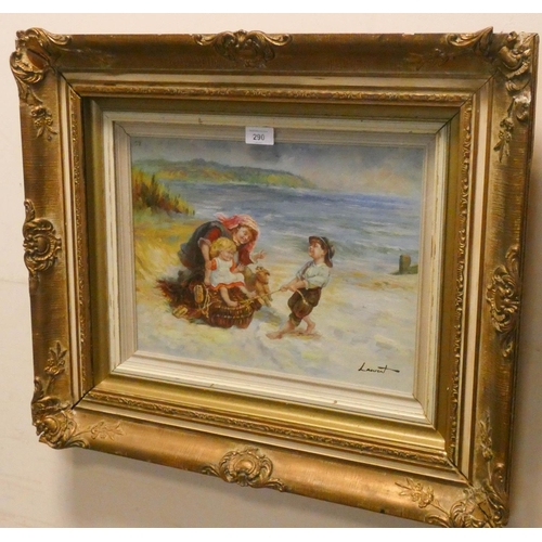 261 - French School - 20th century oil painting of a Victorian family outing to the beach, signed Laurent,... 