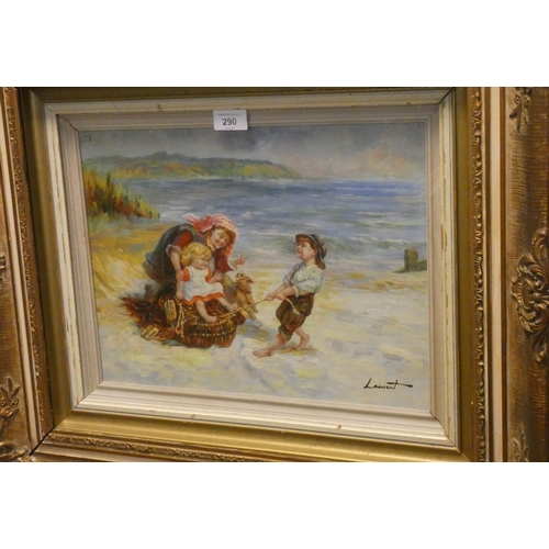 261 - French School - 20th century oil painting of a Victorian family outing to the beach, signed Laurent,... 