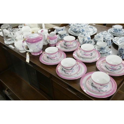 129 - Pink dragon decorated china tea set, assorted commemorative china, beer mug etc