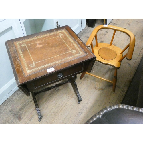 164 - A small reproduction mahogany drop leaf sofa style coffee table with leather top and a child's elbow... 