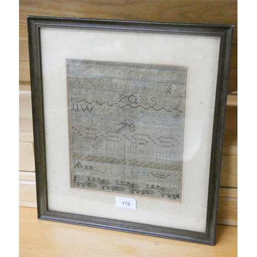 176 - A framed old needlework sampler dated 1778, in a faded condition