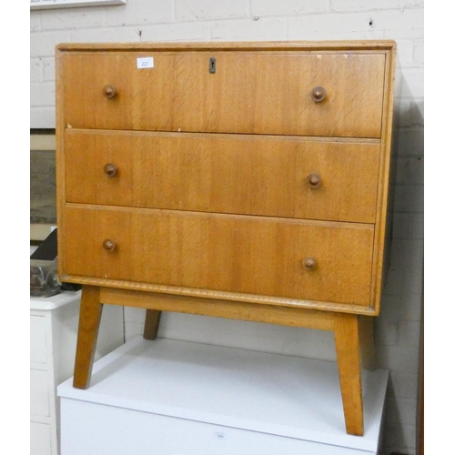 227 - A 1970's oak Merridew chest of three long drawers, 2'6 wide