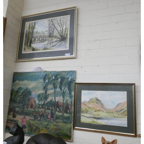 239 - A modern unframed oil painting signed Osterlind, watercolour of Highland scene and a watercolour of ... 