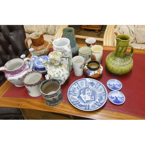 258 - Assorted lustre and other jugs, blue and white china, mugs etc