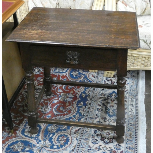 260 - An oak hall table, fitted drawer on turned legs with cross stretcher, 26