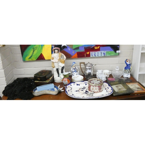 364 - Meat plate, Staffordshire figure, boxes, bead work purse, pictures, assorted china and glassware etc