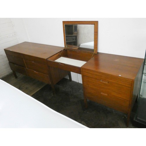 280 - A long teak kneehole desk or dressing table fitted nine drawers and lift up mirror centre section, 8... 