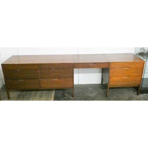 280 - A long teak kneehole desk or dressing table fitted nine drawers and lift up mirror centre section, 8... 