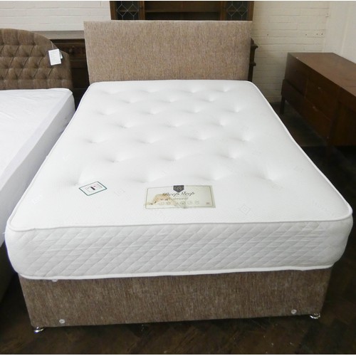 275 - A 4'6 drawer divan with deep sleep sprung interior mattress and a fawn headboard