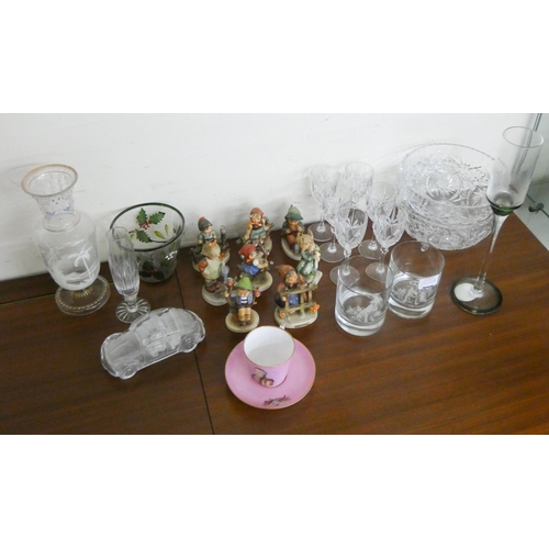 117A - Eight small Goebal figure ornaments, glass fruit bowls, wine glasses, painted glass vase and a Sevre... 