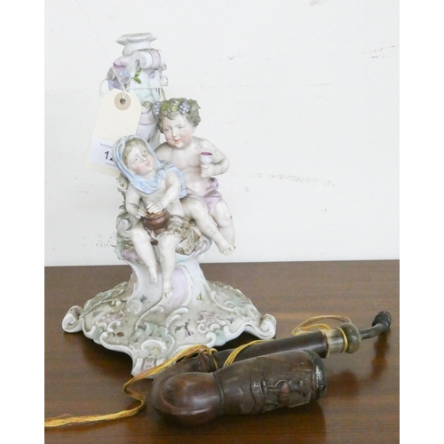 120 - An old carved Meacham style pipe and a Meissen figure ornament (damaged)