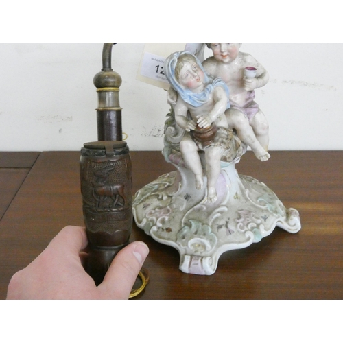 120 - An old carved Meacham style pipe and a Meissen figure ornament (damaged)