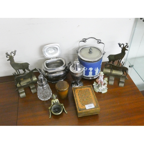 122 - Wedgwood biscuit barrel, two sugar casters, plated sucrier, musical trinket box, brass horse and dee... 