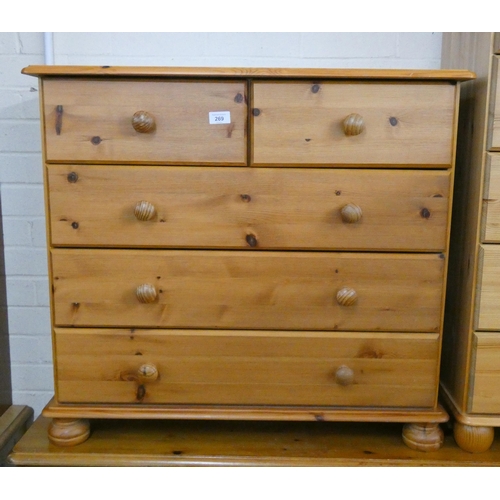 269 - A modern pine chest of three long and two short drawers with bun handles, 2'6 wide