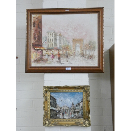 271 - A modern framed oil painting Parisian street scene signed M Church and a smaller similar painting