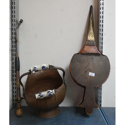 362 - Copper coal scuttle, copper pump and a pair large bellows