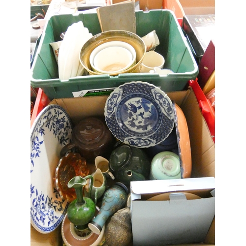 386 - Two large boxes of glass, china, ornaments, teapots etc