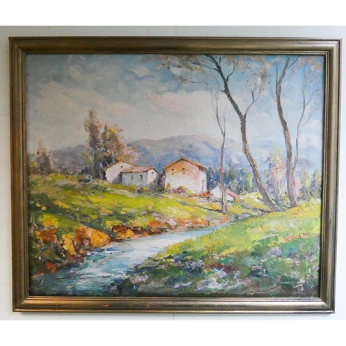 260 - French School early 20th century oil on canvas impressionistic scene of a French village with a rive... 