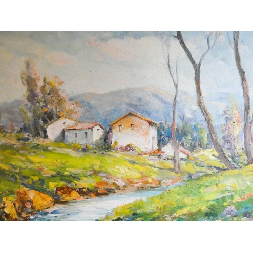 260 - French School early 20th century oil on canvas impressionistic scene of a French village with a rive... 