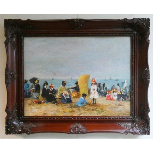 262 - A French impressionistic oil on board depicting families at the seaside, signed lower right S Baudin... 