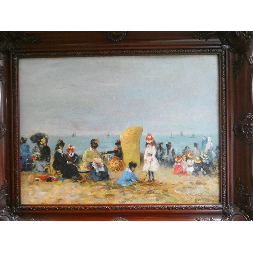 262 - A French impressionistic oil on board depicting families at the seaside, signed lower right S Baudin... 