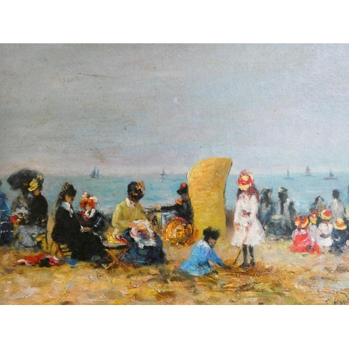 262 - A French impressionistic oil on board depicting families at the seaside, signed lower right S Baudin... 