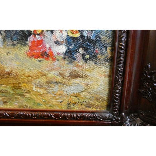 262 - A French impressionistic oil on board depicting families at the seaside, signed lower right S Baudin... 