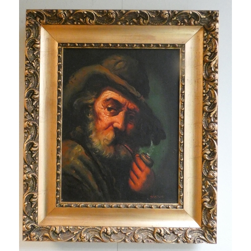 264 - Oil on canvas mid-20th century portrait of an old man, signed Slojan lower right, image size 13