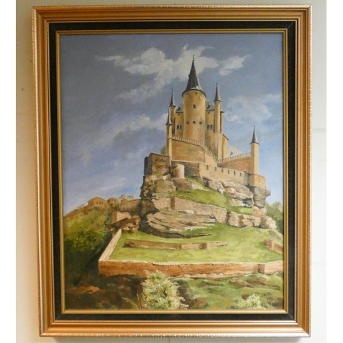 267 - Oil on board painting of the Alcazar of Segvia, Spanish landscape Burgwin, image size 25