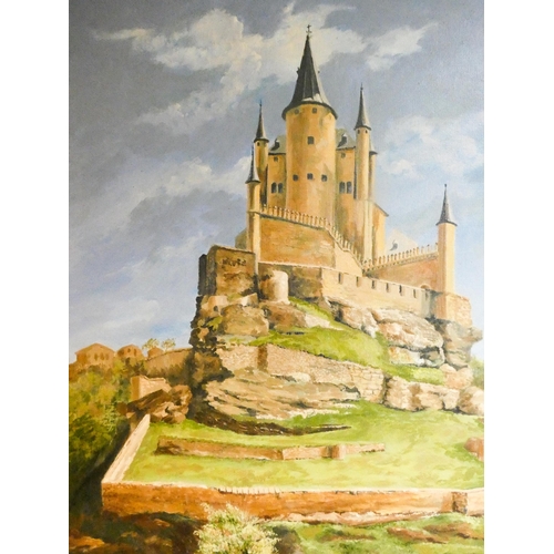 267 - Oil on board painting of the Alcazar of Segvia, Spanish landscape Burgwin, image size 25