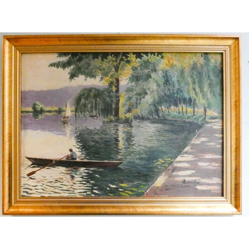 269 - Impressionistic French oil on canvas painting depicting rowing boat, signed right L Combe La Grenadi... 