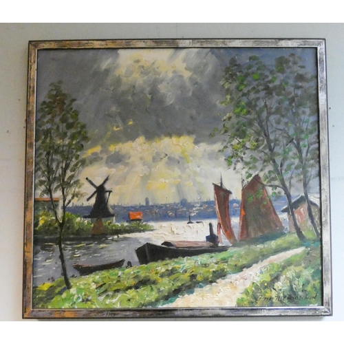 272 - Dutch school early 20th century painting depicting a windmill against a stormy sky, oil on canvas, i... 