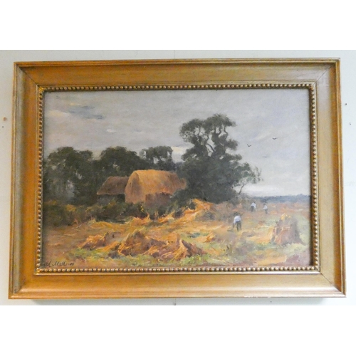 273 - A late 19th century oil on canvas painting by M Matthews, depicting haymakers, signed lower left, im... 